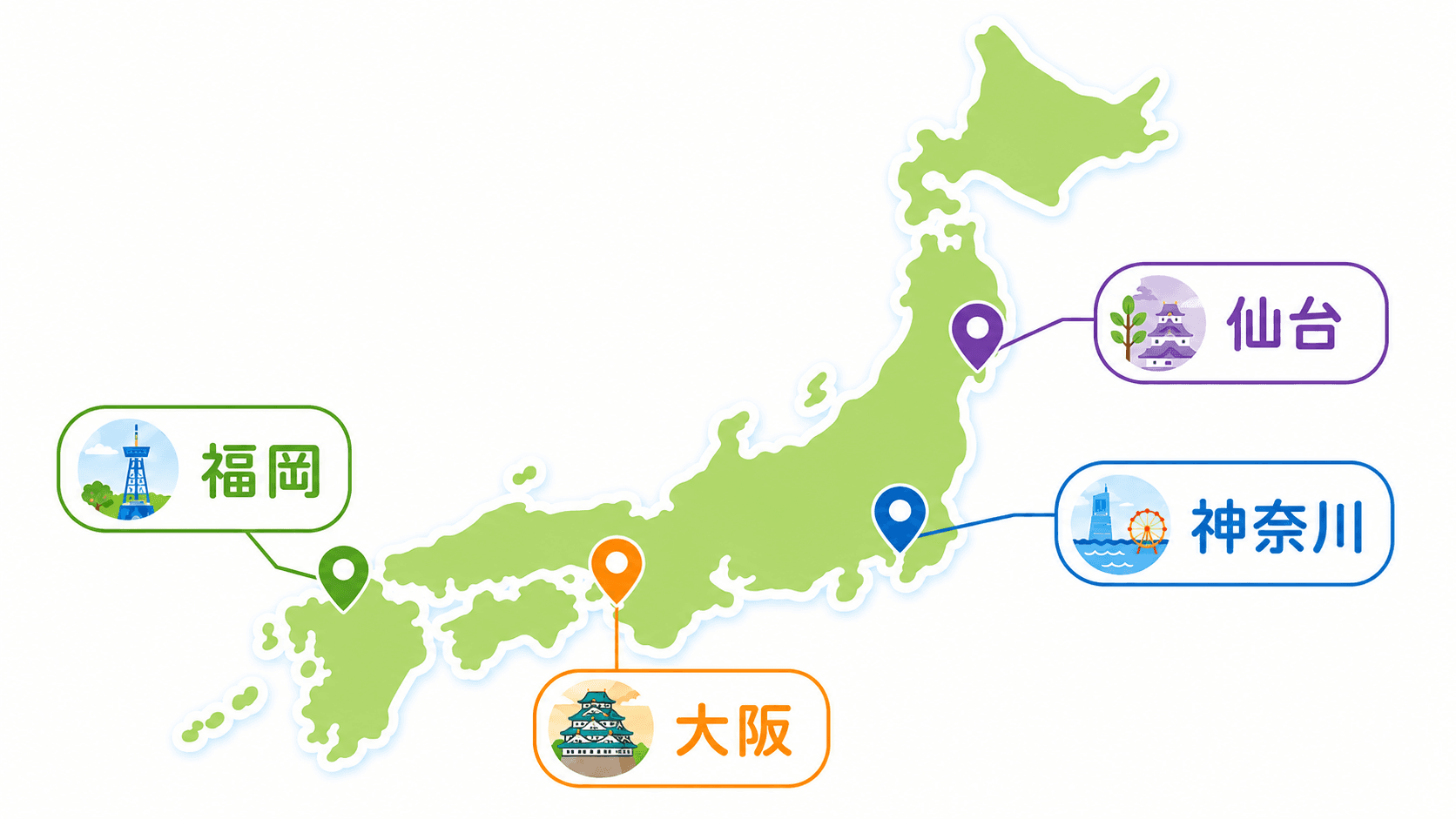 療育留学 参加実績マップ:神奈川県・大阪府・福岡県・宮城県(仙台)から参加実績があります